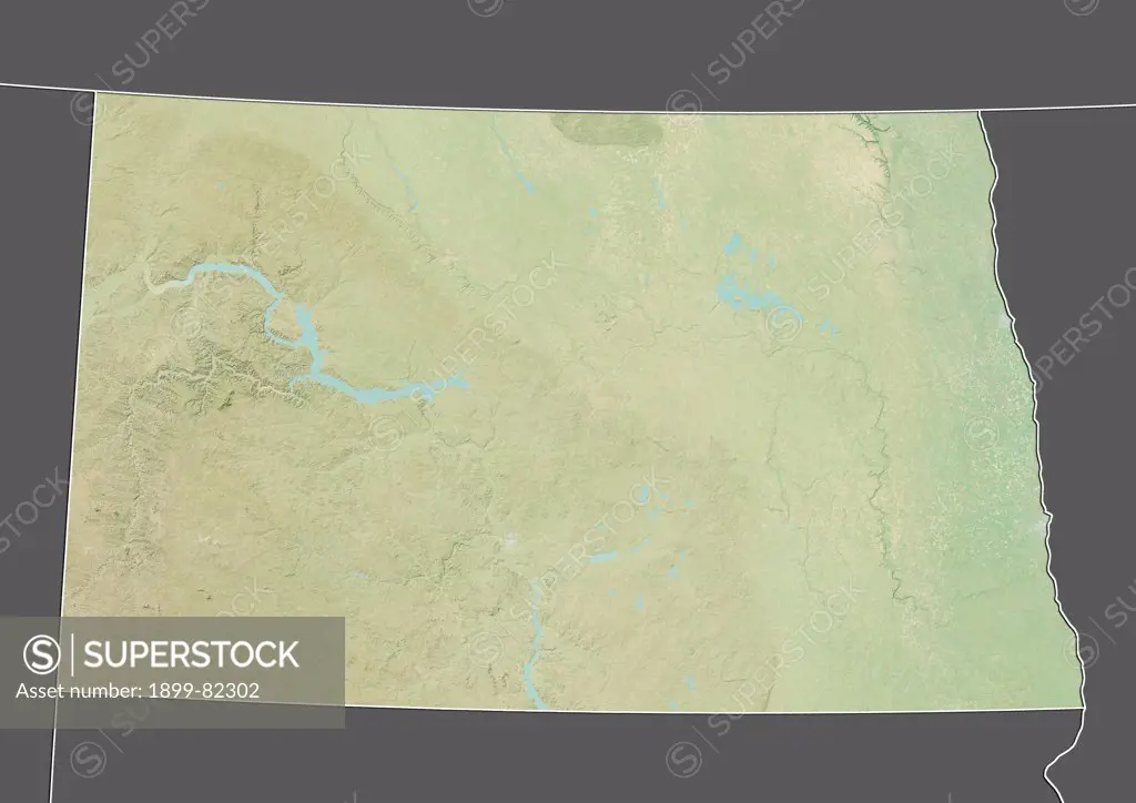 Relief map of the State of North Dakota, United States. This image was compiled from data acquired by LANDSAT 5 & 7 satellites combined with elevation data.