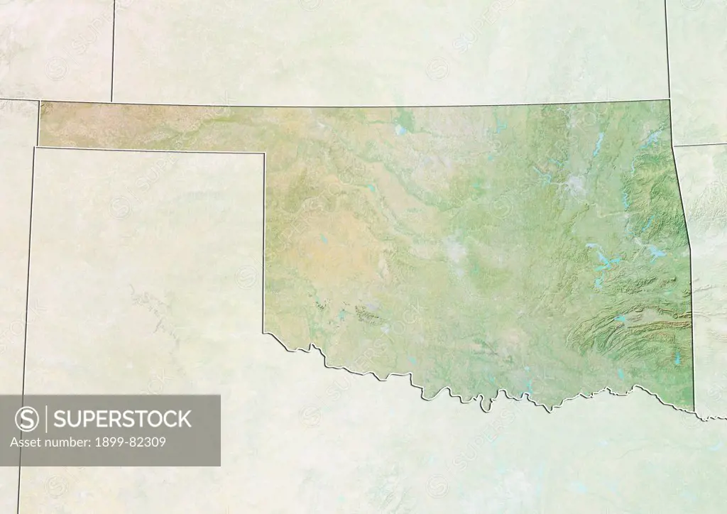 Relief map of the State of Oklahoma, United States. This image was compiled from data acquired by LANDSAT 5 & 7 satellites combined with elevation data.