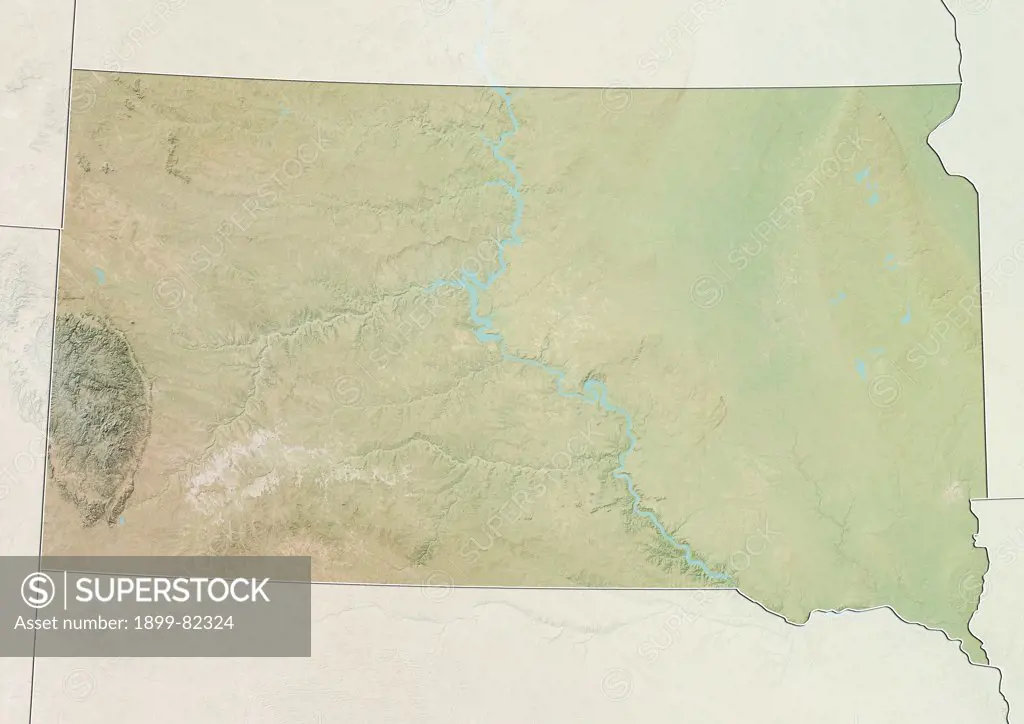 Relief map of the State of South Dakota, United States. This image was compiled from data acquired by LANDSAT 5 & 7 satellites combined with elevation data.