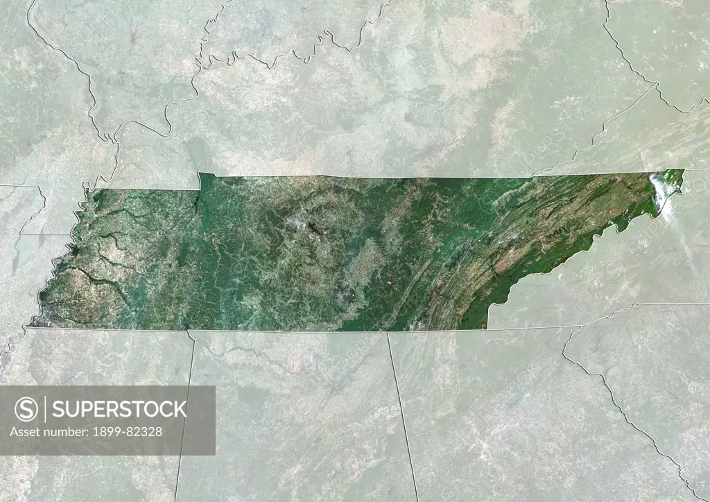 Satellite view of the State of Tennessee, United States. This image was compiled from data acquired by LANDSAT 5 & 7 satellites.