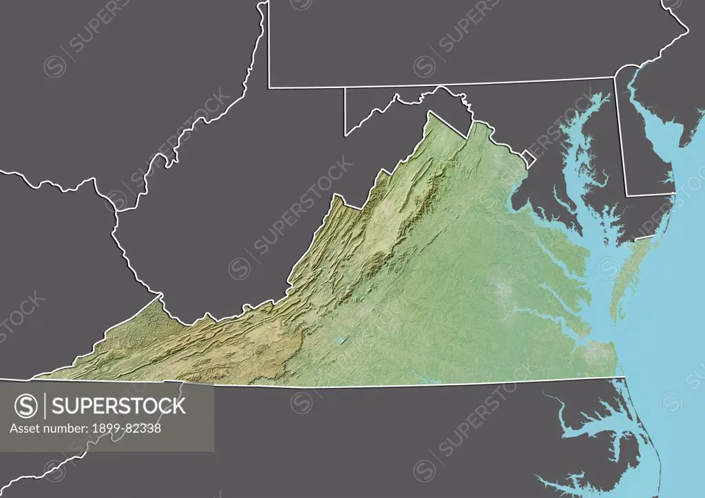 Relief map of the State of Virginia, United States. This image was compiled from data acquired by LANDSAT 5 & 7 satellites combined with elevation data.