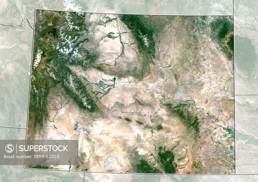 Satellite view of the State of Wyoming, United States. This image was compiled from data acquired by LANDSAT 5 & 7 satellites.
