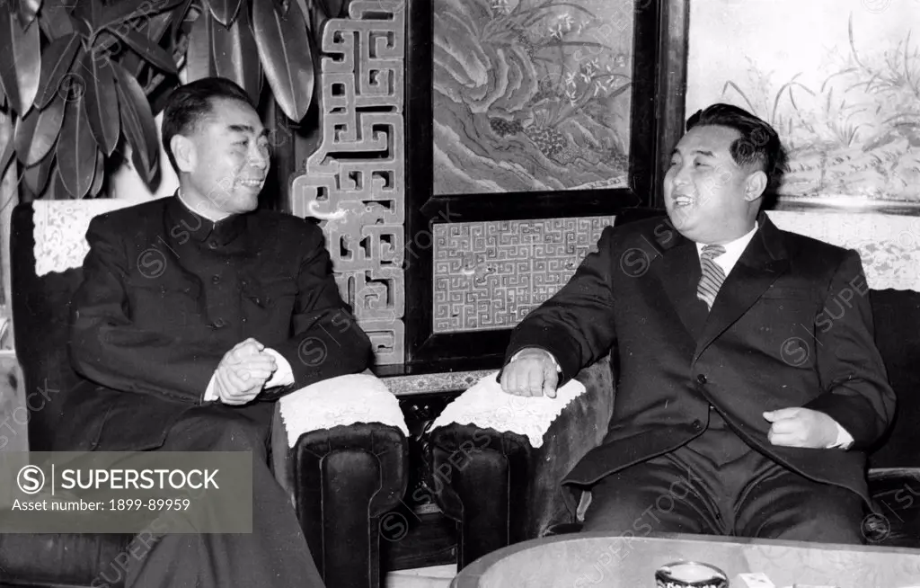 Chinese Premier Chou En-lai meeting with North Korean Premier Kim Il Sung during the visit of the Korean Government Delegation on November 22, 1958.