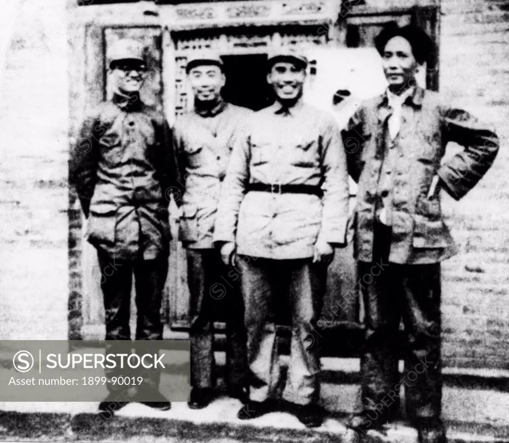 (right to left) Mao Zedong, Zhu De, Zhou Enlai, and QinBangxian in Northern Shaanxi after The Long March. 1937.