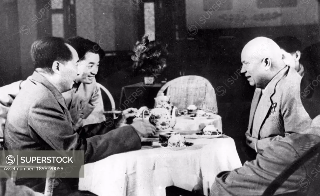Mao Zedong and Nikita Khrushchev having tea during talks that took place July 31 - August 3, 1958 in Beijing, China.