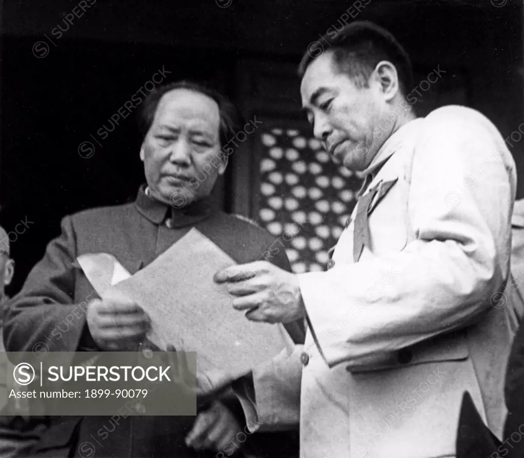Mao Zedong and Zhou Enlai attending the founding ceremony of the People's Republic of China on the Tienanmen Rostrum on October 1, 1949.