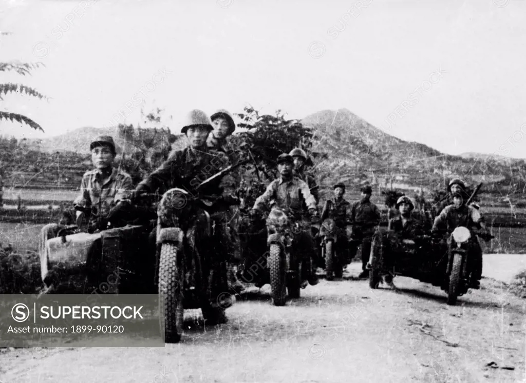 Korean War. Motorcycle troops of the Korean People's Army heading for the front.