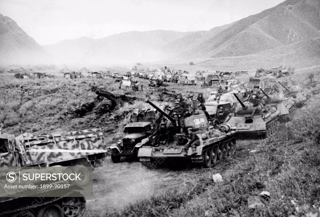 Operation August Storm (Battle of Manchuria). A Soviet tank unit crossing the Great Khingan Mountain in Manchuria. August 1945.