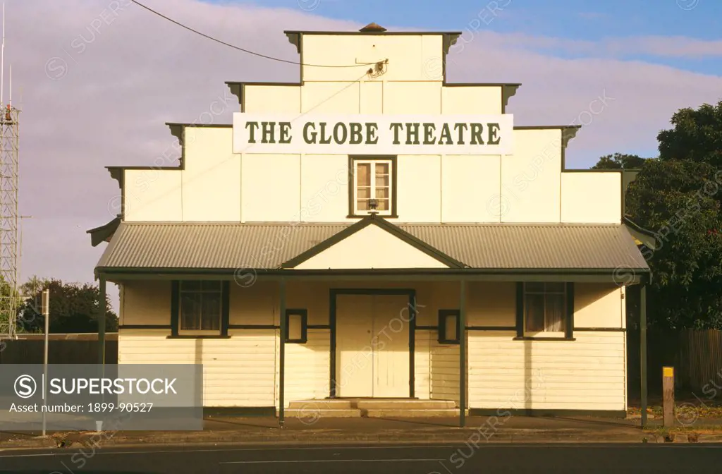 Globe Theatre, built in 1926-27 as a picture theatre and concert hall by the family of soprano Marjorie Lawrence who went on to become internationally acclaimed, the building is clad with galvanised iron folded sheeting, a rare form of cladding, Winchelsea, Victoria, Australia. 01/11/2004