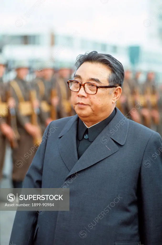 The president of North Korea, Kim Il Sung, born Kim Song-ju, walks in front of a military line at the funeral of the Marshal Tito. Belgrade, 8th May 1980.