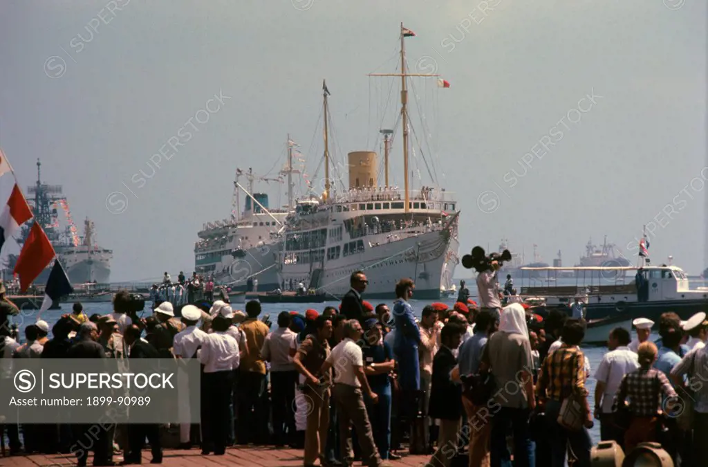 The reopening of the Suez canal: The arrival of the former royal yacht, now renamed Libertà. Suez (Egypt) 5th June 1975.