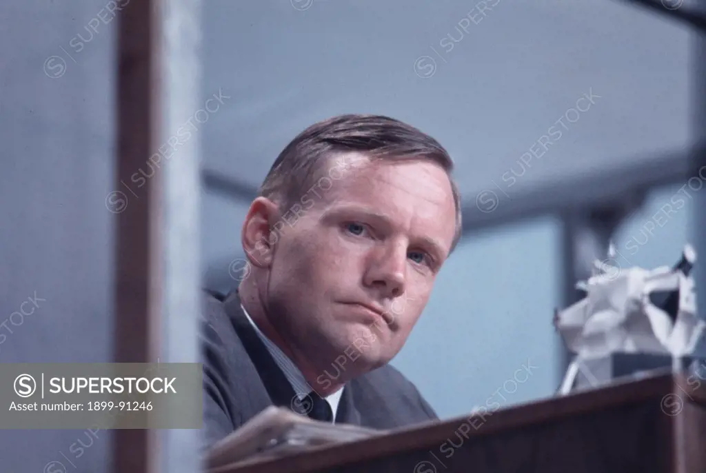 Neil Armstrong thoughtful during the press conference before the start of  Apollo11 mission. He is the captain of the mission. Houston, USA, July 1969