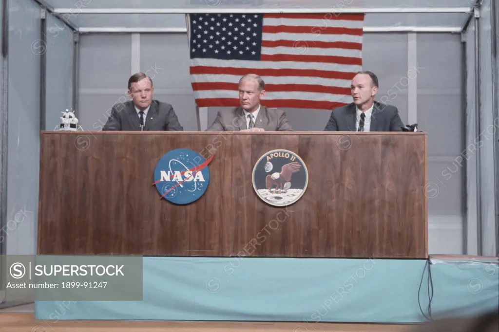 Neil Armstrong, Buzz Aldrin and Michael Collins during the press conference before the start of Apollo11 mission. Houston, USA, July 1969