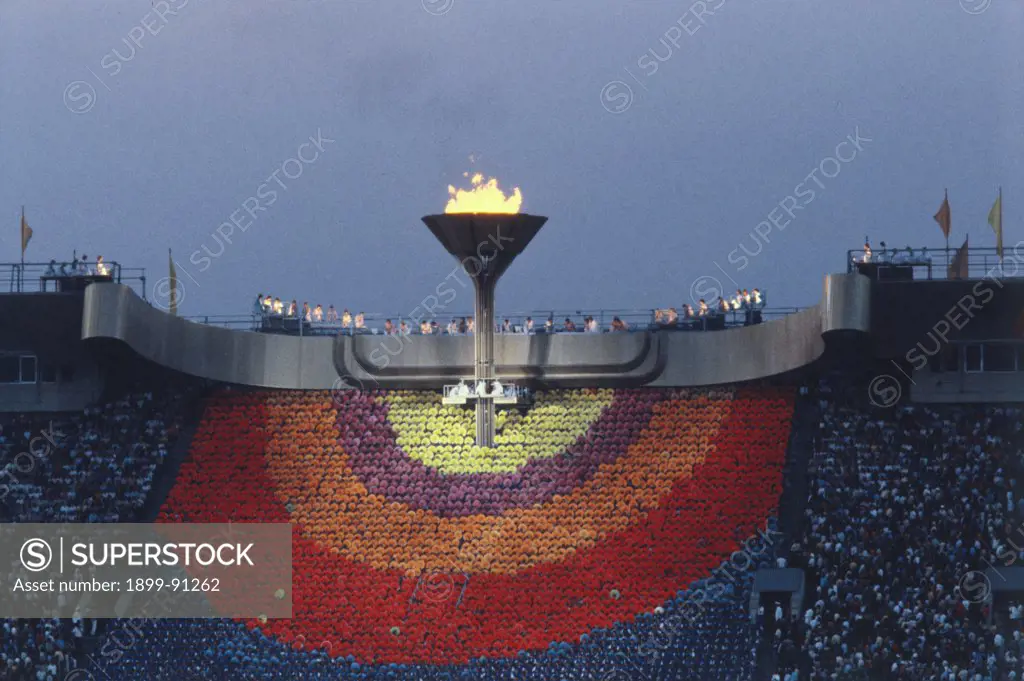 The Olympic brazier during the closing ceremony of the Moscow's olimpic games, held in Moscow from July 19 to August 3, 1980. Moscow, Russian Federation, 1980
