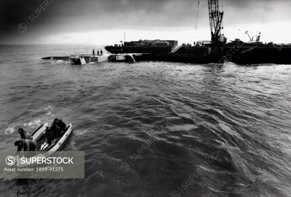 The recovery of the French cargo boat Mont Louis sunken a few miles from Ostend with a load of Uranium hexafluoride. Belgium, 1984