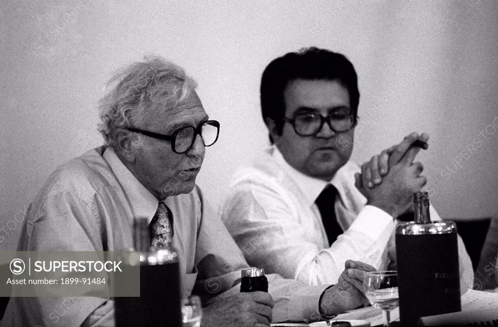 Italian economist Franco Modigliani and Italian economist and politician Romano Prodi taking part as speakers in the economy meeting at Villa d'Este. Cernobbio, 1978