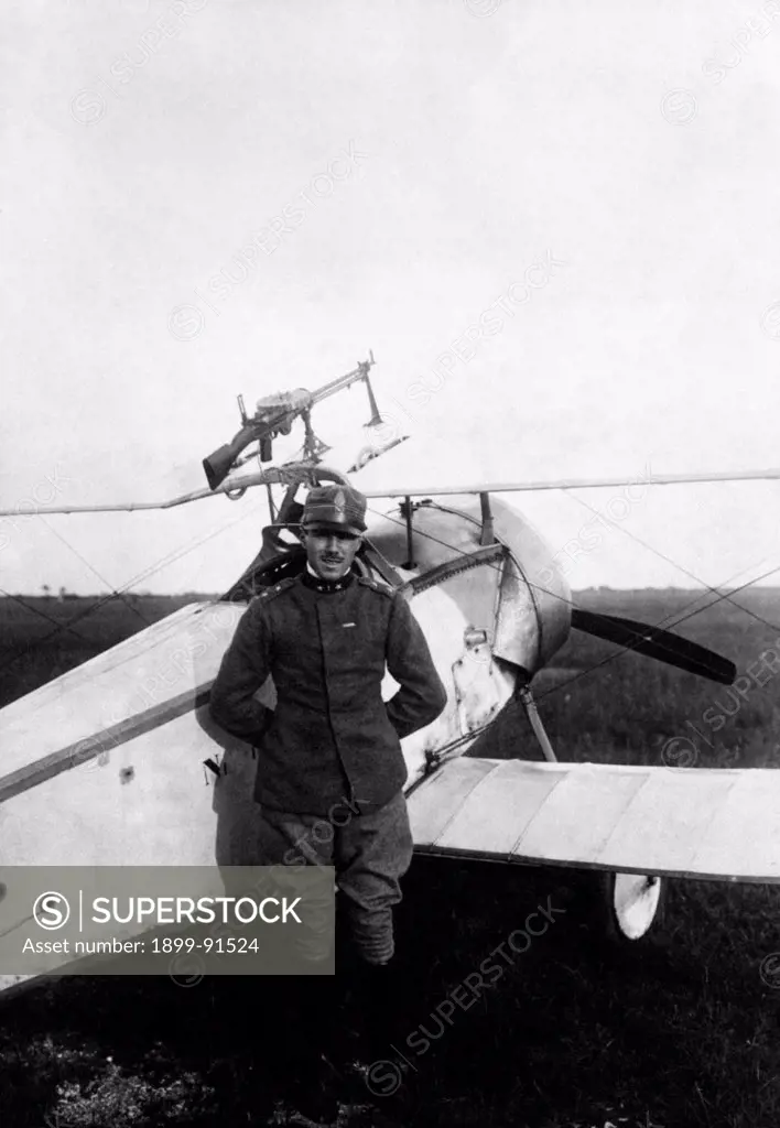 Italian aviator Francesco Baracca posing next to the Nieuport 13 with which he shot down his first enemy plane near Medeuzza, on 7 April 1916. For this event he was decorated with the Silver Medal of Military Valour. 1910s