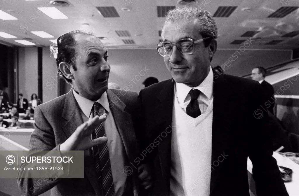 Man talking to Member of Italian Parliament Adolfo Battaglia. May, 1984