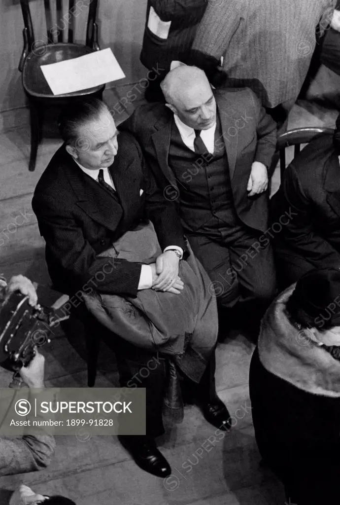 Prime Minister of Italy Amintore Fanfani sitting beside Italian politician of the Christian Democratic Party Giuseppe Pella at Teatro San Carlo on the occasion of the 8th national congress of the Christian Democratic Party, sanctioning the openness of the party to the left. Naples, January 1962
