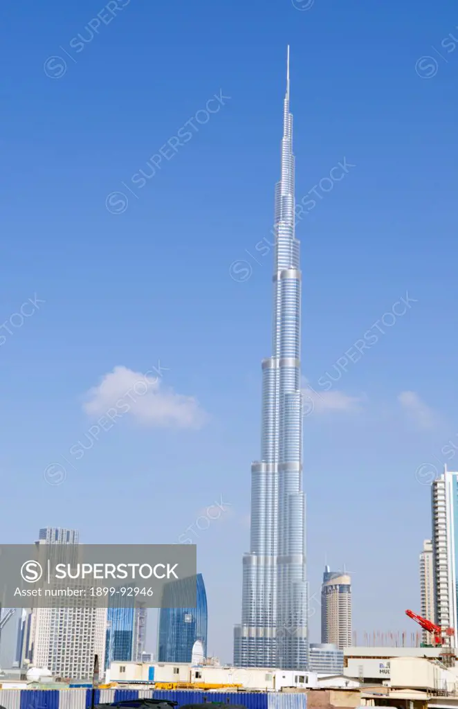 Construction and new skyline of amazing Dubai UAE with the world's tallest building Burj Khalifa at 2722 feet and 162 stories in thriving new United Arab Emirates in Middle East in Gulf States.  28/07/2012