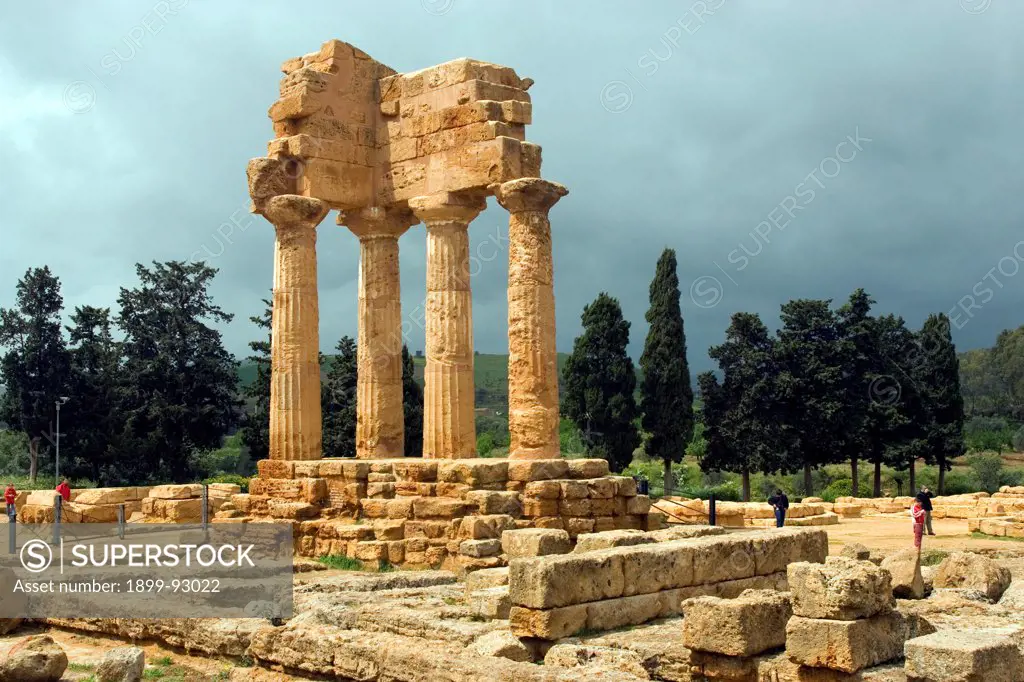 Ancient Greek Temple of Castor and Pollux Dioscuri Valley of the Temples Agrigento archaeological site Sicily Italy.  01/06/2009