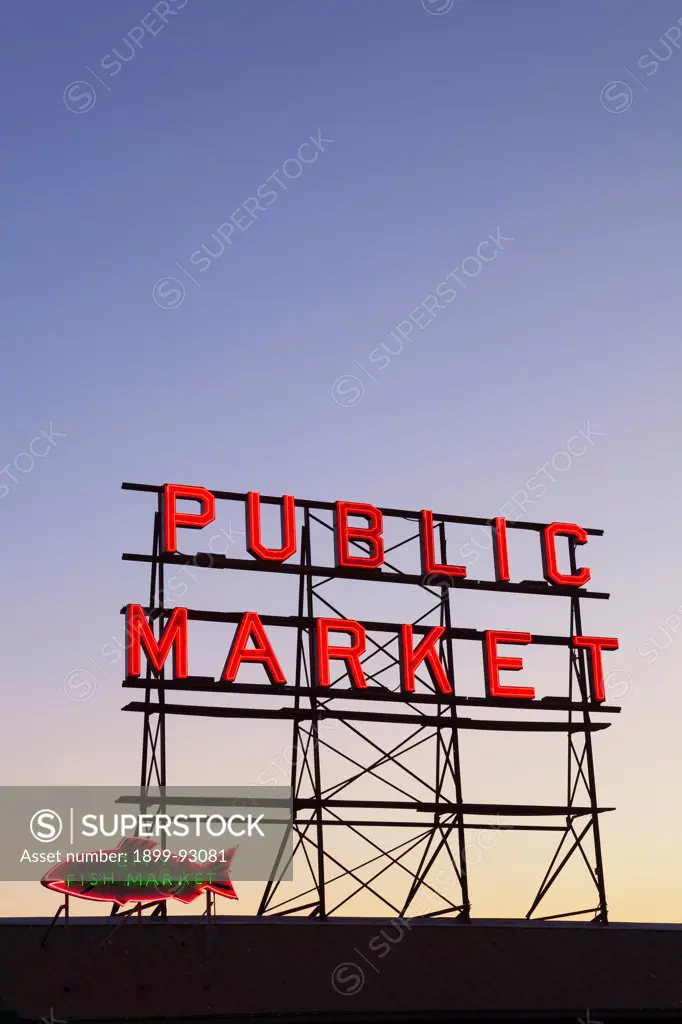 Pike Place Market Neon Signs at dusk Seattle, Washington.