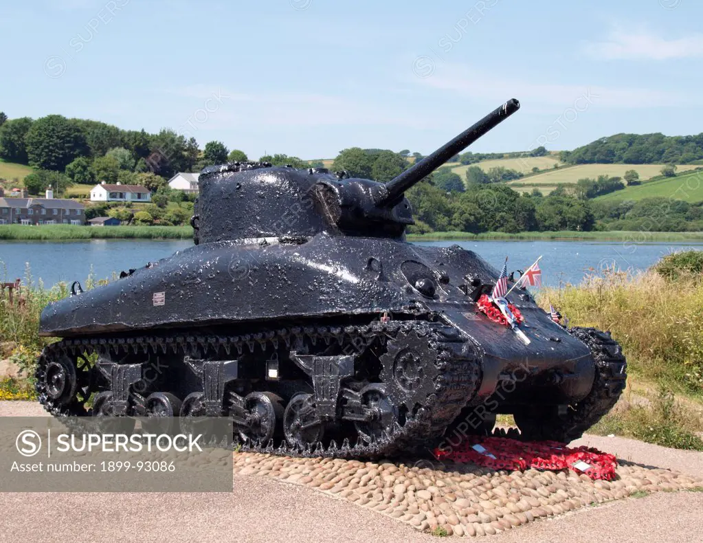 Sherman tank memorial to the American service men who lost their lives during Exercise Tiger 1944, Slapton Sands, South Devon.