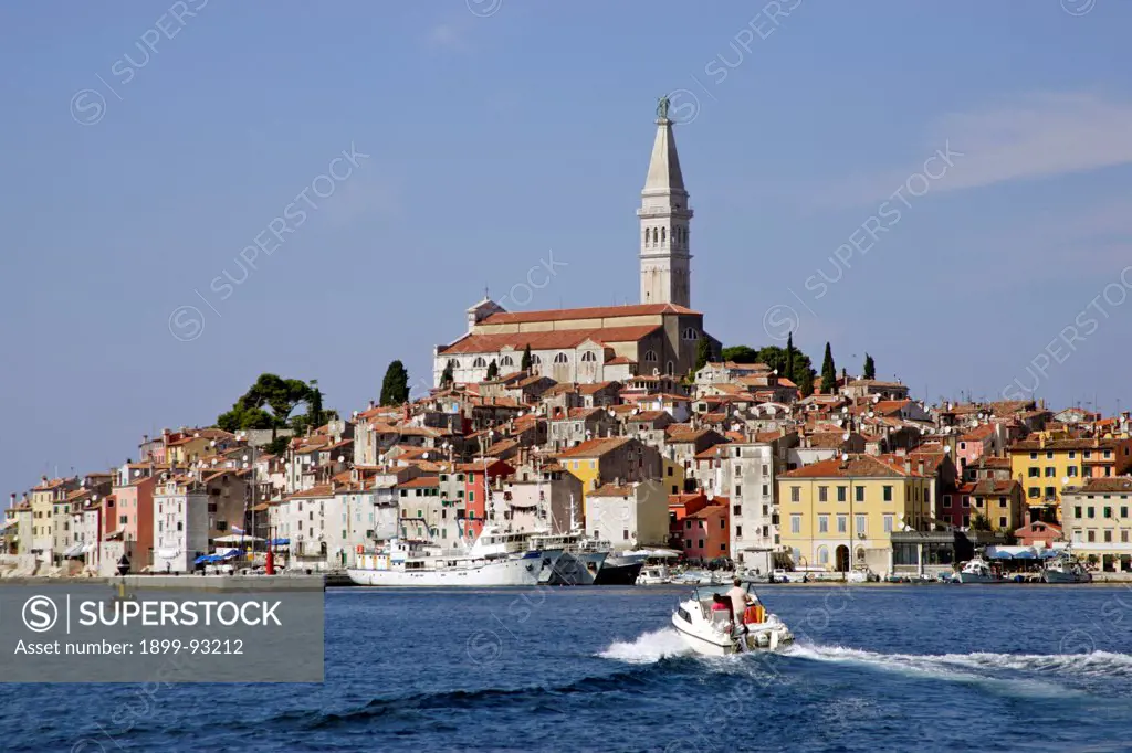 Croatia Istria Rovinj harbor view of Old Town from marina.
