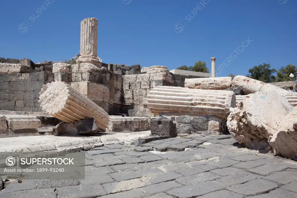 Columns toppled by a massive earthquake on January 18, 749 CE in the ancient Roman city of Beit Shean, Scythopolis, Israel. (Photo by: Independent Picture Service/UIG via Getty Images)