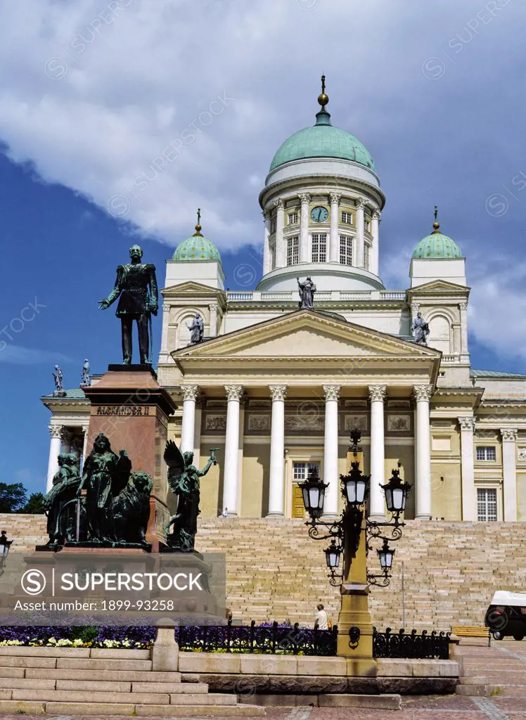 Statue of the Russian Czar Alexander the II and the Helsinki Lutheran Cathedral, Finland. (Photo by: Independent Picture Service/UIG via Getty Images)