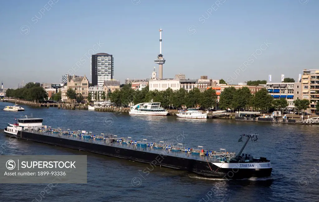 River barge chemical transporter ship Tristan passing Euromast in the city, River Maas, Port of Rotterdam, Netherlands. (Photo by: Geography Photos/UIG via Getty Images)
