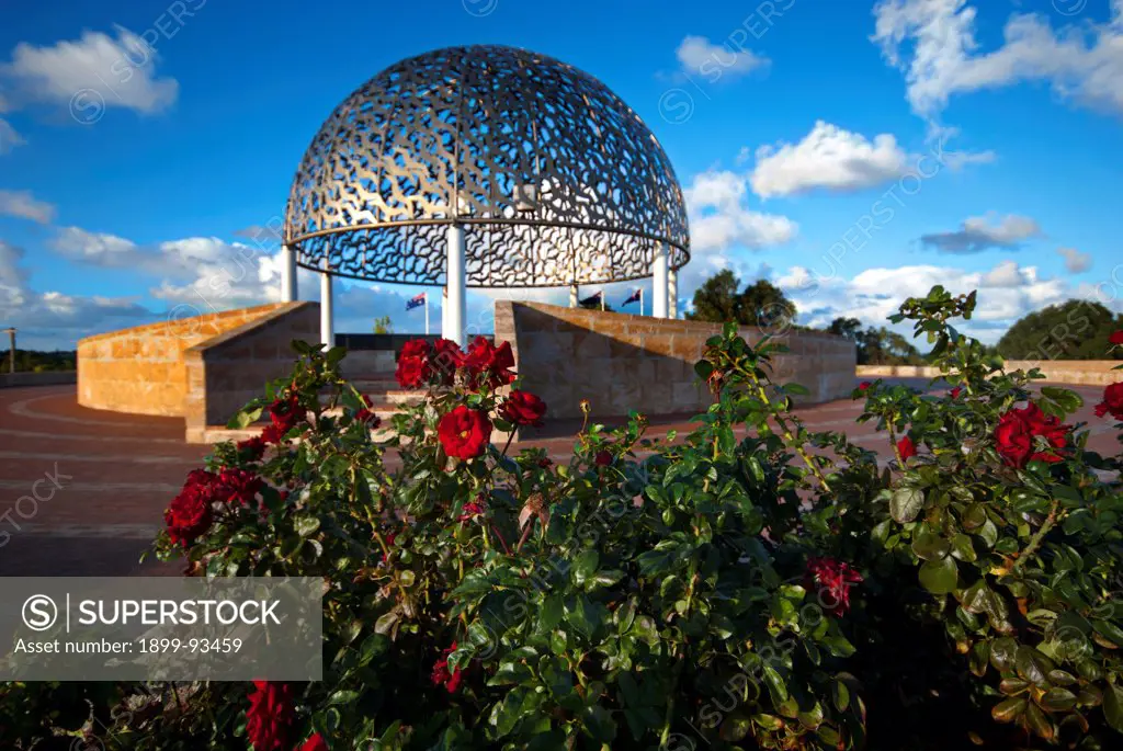 The HMAS Sydney Memorial honours the 645 crew members who lost their lives in a sea battle in 1941, The Dome of Souls is formed from 645 stainless steel gulls, birds that traditionally personify souls of lost sailors, over a circular podium with a ship's propeller as centrepiece, with an eternal flame above, the filigree canopy is supported by seven pillars, representing the seven states and territories of Australia, Geraldton, Mid West region, Western Australia,8/4/2010