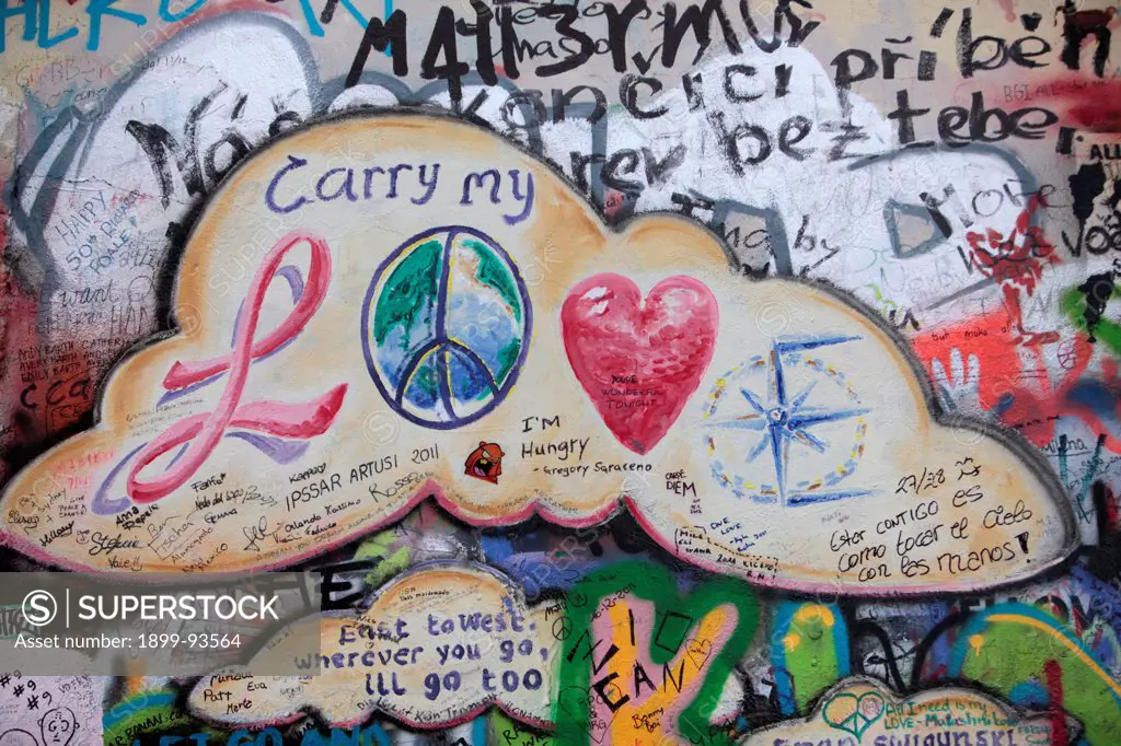 Graffiti dedicated to John Lennon on Lennon Wall in Prague, Czech Republic,01/20/2012