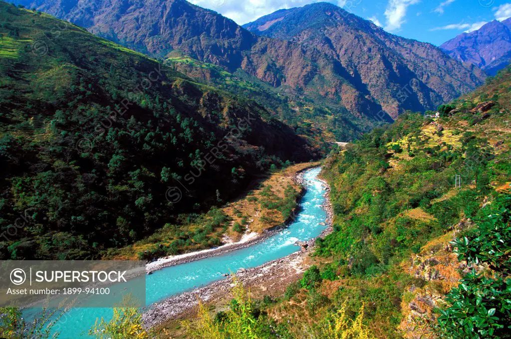 Himalaya Valley and mountain stream, Nepal.,07/18/2007