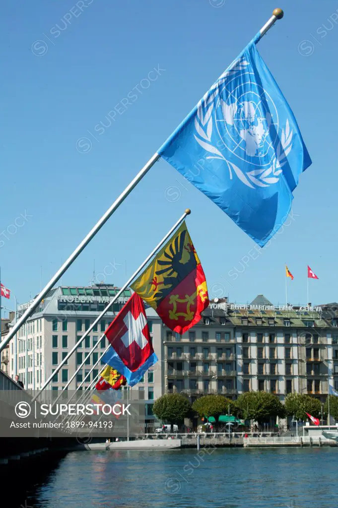 United Nation flag on Leman lake bridge , Geneva, Switzerland.,09/29/2004