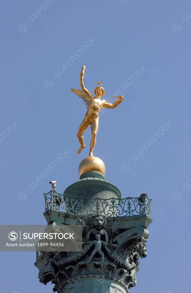 Freedom Genius statue by Auguste Dumont on the July column at the place de la Bastille, Paris, France.,05/06/2008