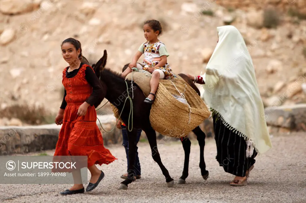 Family and donkey, Toujane, Tunisia.,10/15/2011