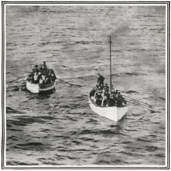 Titanic Survivors. How the Titanic Survivors Were Picked up by the Carpathia. Photograph taken by Mr J W Barker of two lifeboats containing passengers from the Titanic, as it approaches the Carpathia. Carpathia was sailing from New York City to Rijeka on the night of Sunday, 14 April 1912. The captain, Arthur Henry Rostron, was asleep in his cabin when wireless operator Harold Cottam burst in and told him of Titanic's distress signal. Captain Rostron immediately set course to the liner's last kn