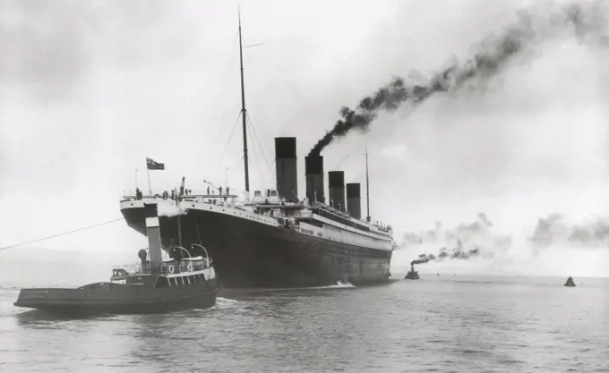 Titanic Ready for Maiden Voyage. RMS Titanic Ready for her Maiden Voyage, 04/02/1912. The White Liner, built by Harland & Wolff in Belfast, is aided by four tugs preparing to leave for Southampton for her maiden voyage to New York on April 10th 1912. The steamship sank on April 15th 1912 off the coast of New Foundland after striking an iceberg with the loss of 1,635 passengers and crew. (Photo by Titanic Images/Universal Images Group)