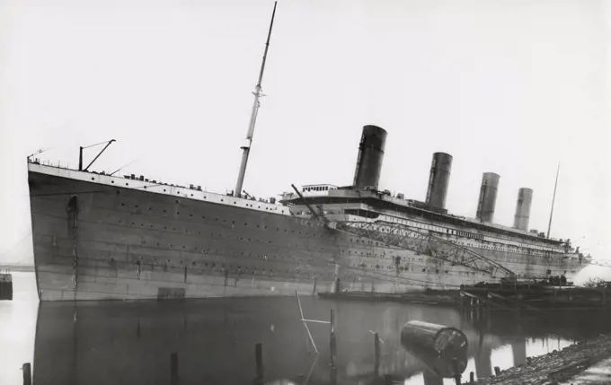 RMS Titanic During Fitting Out, 01/01/1912. White Liner, built by Harland & Wolff in Belfast, nearing completion. The steamship sank April 15th 1912 off the coast of New Foundland after striking an iceberg with the loss of 1,635 passengers and crew.