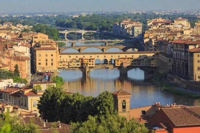 High view along the Arno river to the Ponte Vecchio, the old bridge, Florence, Tuscany, Italy, The historic center of Florence is a UNESCO World Heritage Site