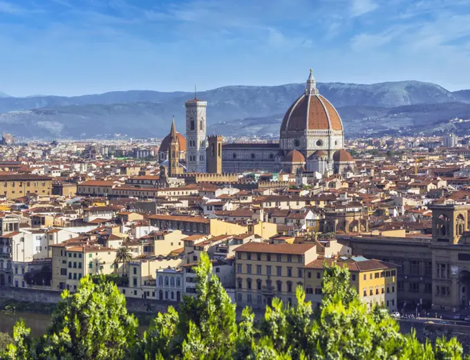 Overall view to the Duomo, or cathedral, Florence, Tuscany, Italy, The historic center of Florence is a UNESCO World Heritage Site