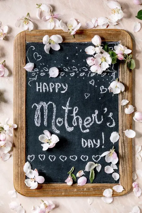 Mother's day greeting card. Vintage chalkboard with handwriting lettering Happy mother's day with spring apple flowers and petals over pink marble background. Flat lay. space. (Photo by: Natasha Breen/REDA&CO/UIG)