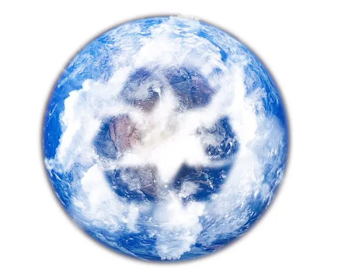 Planet Earth with a recycling symbol shaped cloud formation concept on white background