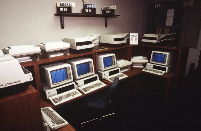 A view of computer stations, printers and facsimile machines that are part of American terminus of the Washington-Moscow Direct Communications Link. .