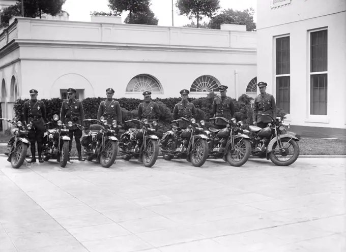 Police motorcycles outside White House, Washington, D.C. circa 1930. 