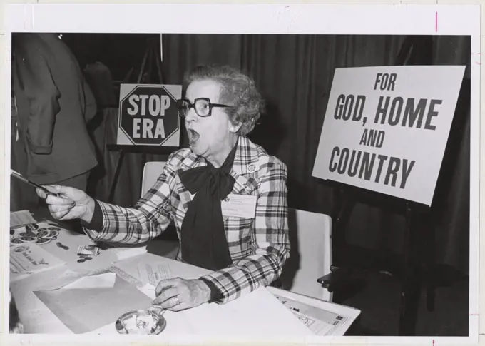 Anti-Equal Rights Amendment booth at the First National Women's Conference, Houston, TX, 11/1977.