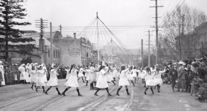 Hobart 'Our Day Parade' - childrens Maypole dance - Macquarie Street - Mandatory Photo Credit: TAHO. 