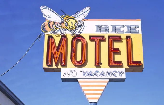 1980s United States -  Bee Motel sign, Route 2, Havre, Montana 1987. 
