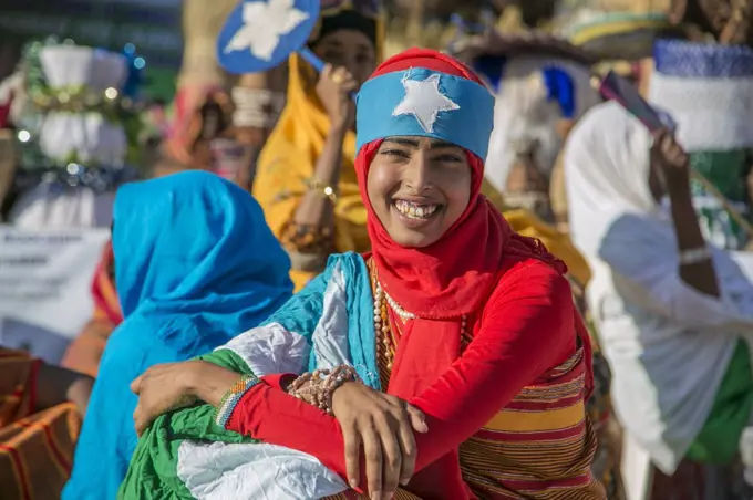 Smiling woman in traditional dress in Garowe, Puntland ca. 4 June 2015.